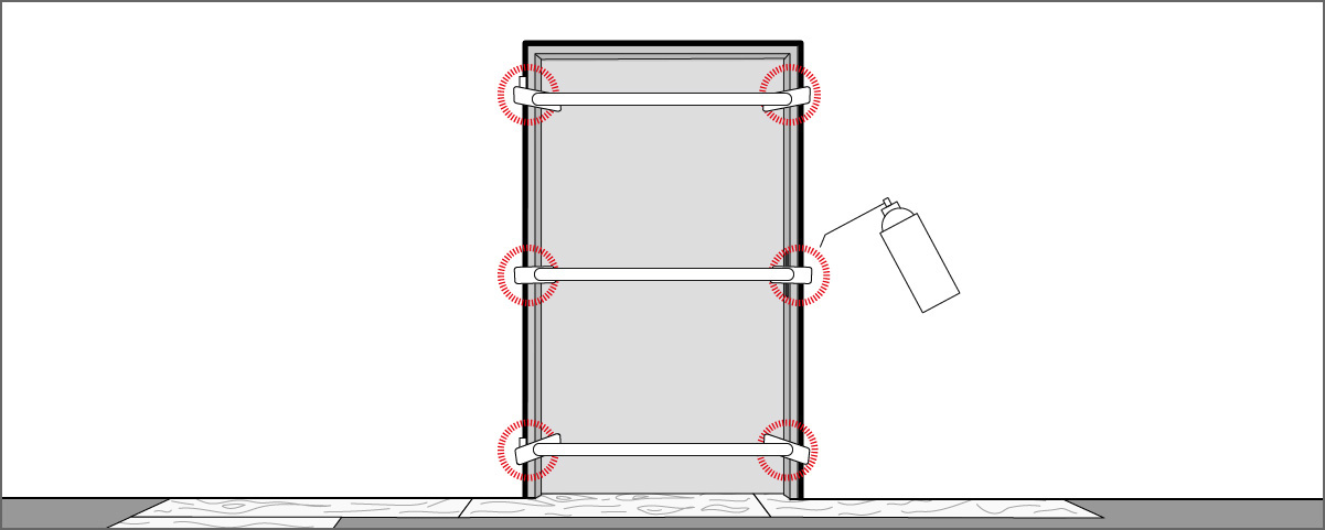 Illustration einer installierten Tuerzarge mit einer Spruehdose zum Ausschaeumen