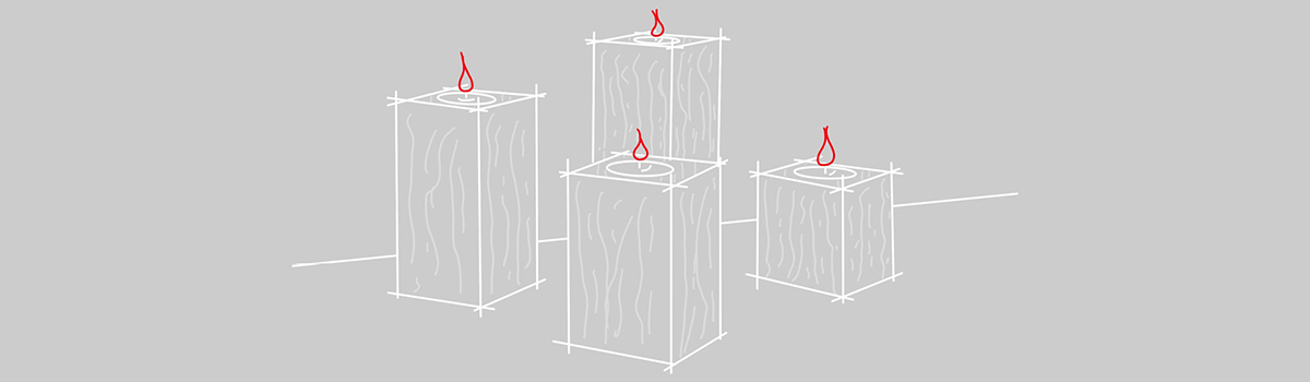 Zeichnung weiß auf grauem Grund von vier aufrecht stehenden Holzbalken in unterschiedlichen Höhen mit Teelicht on top