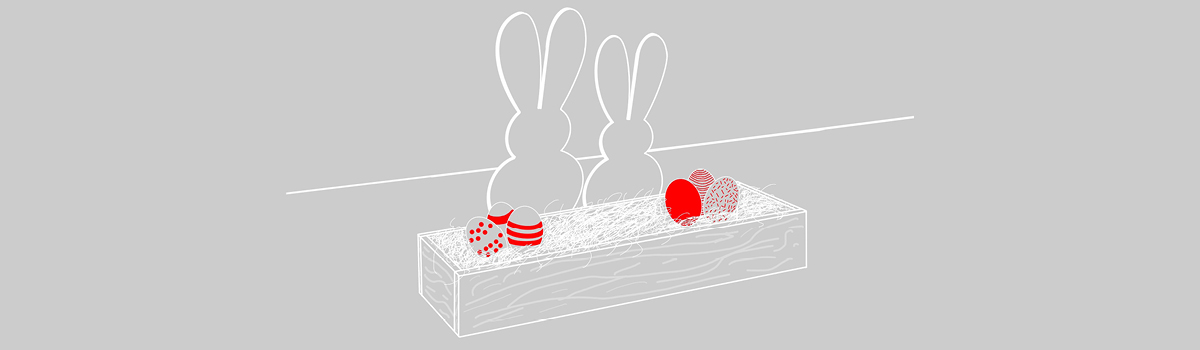 Zeichnung einer Oster-Dekobox mit Rückseite in Form von Hasenohren und roten Ostereiern in der Box