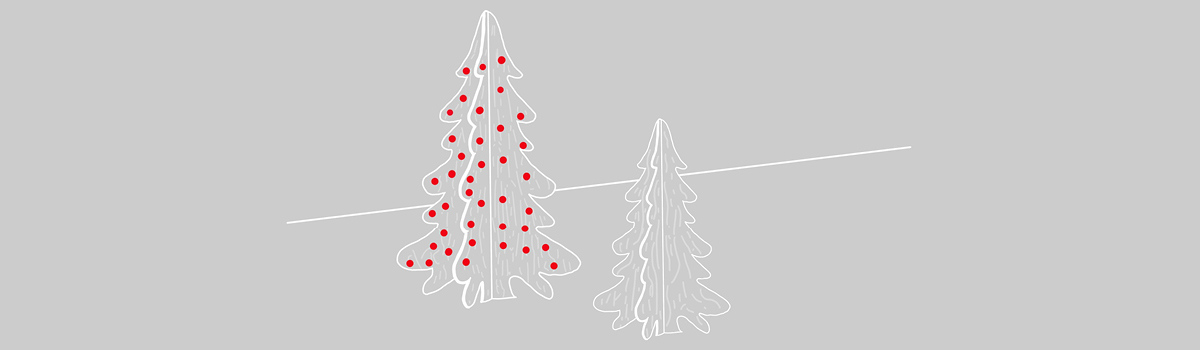 Zeichnung weiß auf grauem Grund eines hölzernen Weihnachtsbaums mit vier Seiten und roten Kugeln