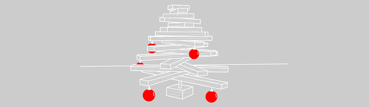 Zeichnung weiß auf grauem Grund eines Weihnachtsbaums aus mehreren Holzleisten mit roten Kugeln