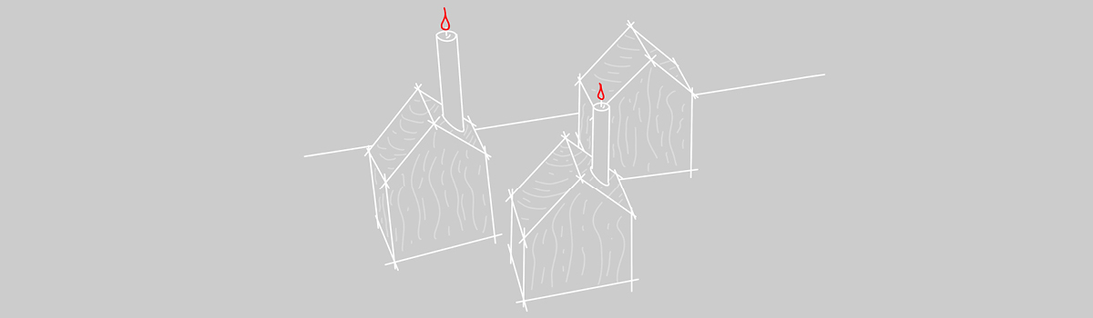 Zeichnung weiß auf grauem Grund von Holzhäuschen inklusive schmalen, langen Kerzen als Schornstein